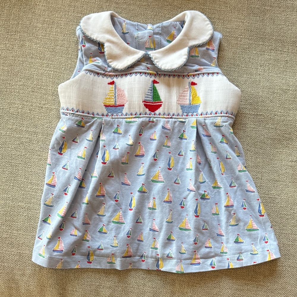 Sailboat Embroidered 12m Baby Dress with scallop Collar